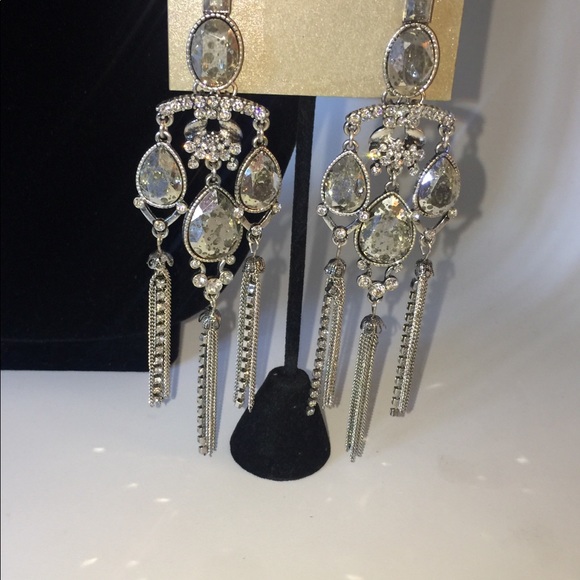 TASHA SILVER CRYSTAL CRACKLED FINISH CRYSTAL EARRINGS SHOULDER DUSTERS NWT - Picture 3 of 7